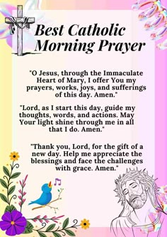 a card with the words best catholic morning prayer written on it and an image of jesus