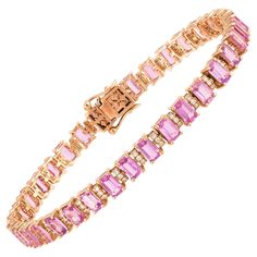 The Following Item we are offering is this Rare Important Radiant 18KT Gold Gorgeous Glittering and Sparkling Magnificent Fancy Emerald Cut Pink Sapphire and Diamond Bracelet. Bracelet contains approx 11.25CTS of Beautiful Fancy Emerald Cut Pink Sapphires and Diamonds!!! Stones are Very Clean and Extremely Fine!!! This Gorgeous Bracelet is a Rare Sample New with Tags Original Price $12,500.00 Comes New With Tags from a Private Manufacturer that sold to Important Five Star Hotel and Fine Jewelry Stores and comes with Certified Appraisals. A Rare Breathtaking Masterpiece!!! Luxury Pink Sapphire Gold Jewelry, Rainbow Sapphires, Liquidation Sale, Women Accessories Jewelry, Sapphire Jewelry, Gorgeous Bracelet, Sapphire Diamond, Diamond Stone, Accessories Jewelry