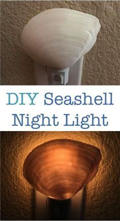 two pictures with the words diy seashell night light on them and an image of a lamp