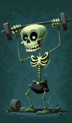 a skeleton is lifting a barbell on his head and it looks like he's doing