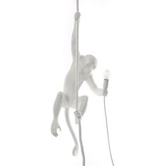 a monkey is hanging on the side of a pole with an electric plug in its mouth