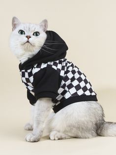 a white cat wearing a black and white checkered hoodie on it's back