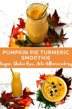 pumpkin pie turmeric smoothie in a mason jar with autumn leaves around it