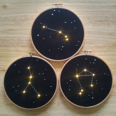 three embroidery hoops with stars on them sitting on a table next to each other