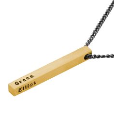 "Custom Made Gifts for Him: Men 3D Bar Engraved Pendant Necklace with Engraving. Customize his Christmas, birthday, anniversary gift - for man, him, boyfriend, husband, son, nephew, or yourself. ★INFO ABOUT THIS ITEM: Material: Sterling Silver 925 / 18K Gold Plated Sterling Silver 925 Thickness: 4.2 mm / 0.16\" Measurements: 40 mm x 4.2 mm / 1.5\" x 1.16\" Chain style: Panzer chain Chain length: One size - 24\" (60 cm) Customization Instructions: ❤ Up to 17 characters per side. ❤ E.g.: Right - D Vertical Bar Necklace, Engraved Pendant, Bar Pendant Necklace, Mens Anniversary Gifts, Gold Engraving, Bar Pendant, Necklace For Men, Engraved Necklace, Stamped Jewelry