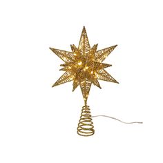 a christmas tree topper with lights and spirals on the bottom, in gold