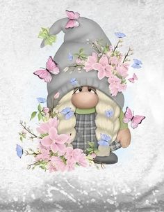 a gnome with flowers and butterflies around it