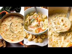 three different pictures of food including soup, dumplings and bread