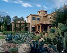 a house surrounded by plants and rocks on a sunny day