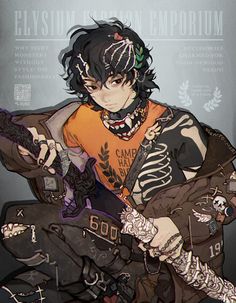 a drawing of a man with tattoos on his arm holding a guitar and wearing an orange shirt