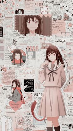 an anime character is standing in front of a wall with many pictures and words on it