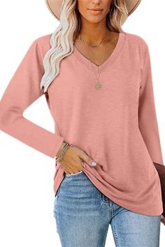 V Neck Loose Solid Long Sleeve Top, T shirt, loose fit, Casual Fall Tops, Estilo Harajuku, Fall Tops, Casual Tunics, Bottoming Shirt, Pink Tee, Long Tunic, Pullover Shirt, Short En Jean