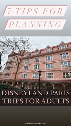 the disneyland paris tips for adults is shown in front of a pink building with trees