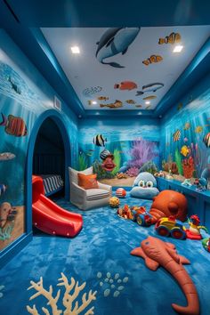 an underwater themed bedroom with blue walls and flooring