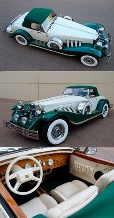 two pictures of an old model car with the interior painted green and white, one is in