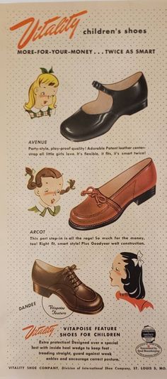 This is an original vintage print advertisement, not a reproduction. Description/Advertiser:  This is a single page ad from a vintage magazine Vitality Shoe Company Year: 1947 Dimensions: Approximately 5.5 inches x 11 inches Condition: Very good Each vintage ad is packaged with a cardboard back insert with a protective PVC free plastic sleeve and shipped flat. Grab this rare vintage original advertisement for a trip down memory lane. A unique gift for someone special or yourself. Perfect for office or home. Ready to frame and be admired! Visit my Etsy shop for more vintage paper ads and other ephemera: KristensVintagePaper.etsy.com See more than one item you'd like to buy? Contact me as I will combine shipping for you to save you money. I want to ensure satisfaction with every one of my cu Vintage Shoe Ads, Vintage Clothing Ads, Consumerism Art, 70s Shoes, Shoes Ads, English Fashion, Footwear Fashion, Print Advertisement, Retro Ads