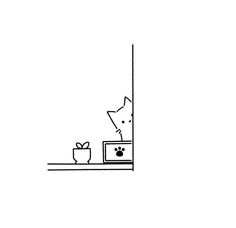 a black and white drawing of a cat looking at an apple on a shelf in front of a window