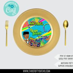 an advertisement for michael the fresh prince on a plate with gold forks and spoons