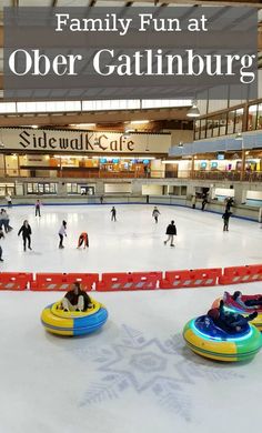 people are skating on an ice rink with bumper boats in the foreground text reads family fun at obeer gatlinburg