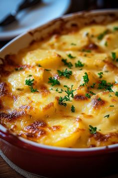 a casserole with cheese and parsley in a red dish on a wooden table