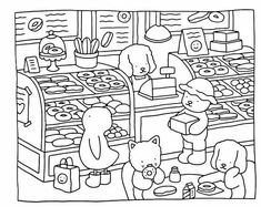 a black and white line drawing of people in a store with food on the shelves