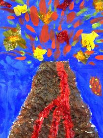 a painting with red and yellow flowers coming out of the top of a mountain on blue background