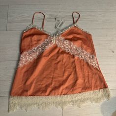 New River Island Satin Lace Cami Top Size 10 Orange Camisole Tank Top For Spring, Orange Sleeveless Camisole For Spring, Spring Orange Camisole Casual Style, Orange Cami Top For Spring, Orange Cami Top For Vacation, Lace Ruffle Cami Tank Top, Orange V-neck Tank Top For Spring, Satin V-neck Camisole With Lace Trim, White Boho Tops