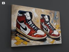 Introducing a unique and eye-catching piece of art that seamlessly blends the worlds of fashion and contemporary artistry - our digital printing painting on canvas featuring the iconic Jordan Shoes 1. This striking artwork is meticulously crafted on high-quality 360g canvas, ensuring durability and vibration that lasts. Measuring an impressive 100x70cm, this piece commands attention and transforms any space into a gallery-worthy showcase of style. The fusion of digital printing technology and th Man Cave Artwork, Air Jordan 1 Chicago, Jordan Bred, Street Art Painting, Chicago Print, Sneaker Art, Nelson Mandela, Nike Air Jordan 1, Air Jordan 1 Retro