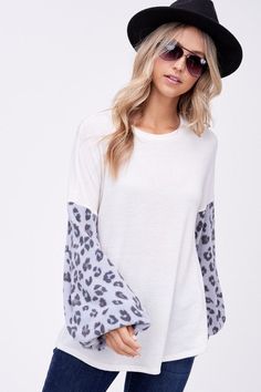 ANGORA ANIMAL PRINT AND SOLID MIXED VOLUME LONG SLEEVE ROUND NECK TOP White Raglan Sleeve Top For Fall, White Raglan Sleeve Tops For Winter, Round Neck Top, Pattern Animal, Round Neck Tops, Sweater Sale, Country Chic, Mixing Prints, Bottom Clothes