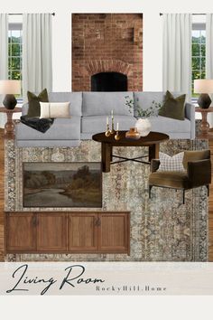 a living room filled with furniture and a fire place next to a brick wall mounted fireplace