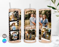 three candles with different photos on them and the words custom text art printed on them