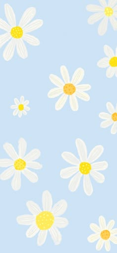 white daisies on a blue background with polka dots in the center and yellow centers