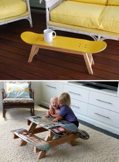 two photos side by side, one with a coffee table and the other with a skateboard on it