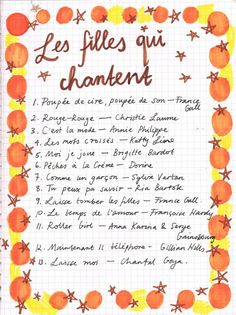 a handwritten poem written in french with oranges and stars on the paper background