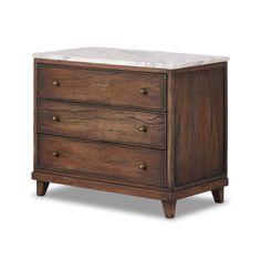 a wooden chest with two drawers and marble top on the bottom, against a white background