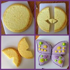 there are four different pictures of cakes and cookies with butterflies on the top one is yellow, the other is purple