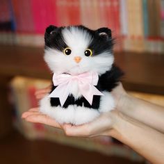 a black and white cat with a pink bow on it's head sitting in someones hand