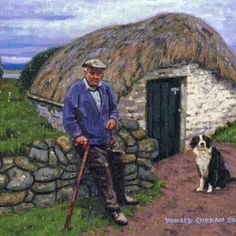 a painting of a man and his dog in front of a thatch roofed house