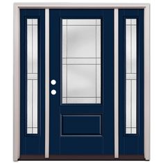 a blue front door with two sidelights and glass panels on the top half of it