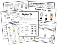 five different worksheets for children to practice numbers