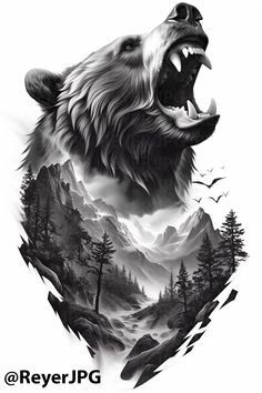 a black and white drawing of a bear's head with mountains in the background