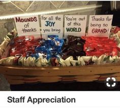 a basket filled with lots of candies and signs on top of each one that says, thanks for all the joy of this world