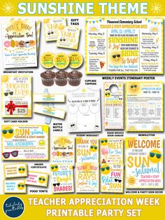 sunshine themed teacher appreciation week printable party set with freebiets and sun theme