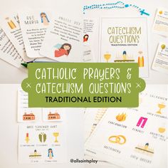 catholic prayer and catechism cards with text overlay that reads catholic prayer & catechism questions traditional edition