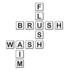 the words brush, wash, and swim are arranged in squares