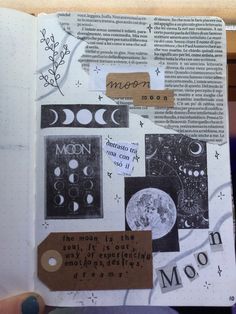 an open book with various pictures and words on the pages, including a moon in the sky