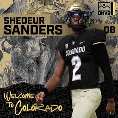 a football player is posing for a photo in front of a wall with the words welcome to colorado written on it