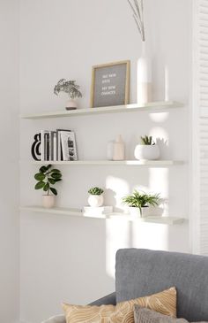 some shelves that have plants on them in a room with white walls and grey couches