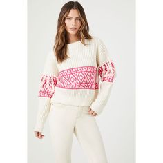 A Ribbed Knit Sweater Featuring A Crew Neck, Dropped Long Sleeves, Geo Design, And Tassel Fringe Trim - 100% Polyester - Machine Wash Cold White Knit Tops With Fair Isle Pattern, Pink Fair Isle Pattern Top For Fall, Neon Pink Sweater, Geo Design, Pink Pullover Sweater, Cable Knit Sweater Womens, Pink Knit Sweater, White Halter Maxi Dress, Boatneck Sweater