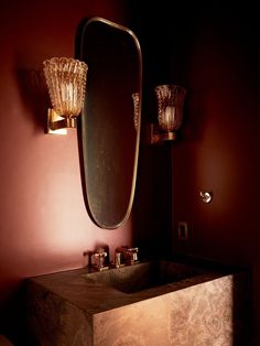 Moody powder bathroom with red walls, stone sink and gold mirror and ornate glass sconces Bold Powder Room, Whiskey Room, Light And Dwell, Colonial Home, Cabinet Paint Colors, Historic Architecture, Stone Sink, Dining Nook